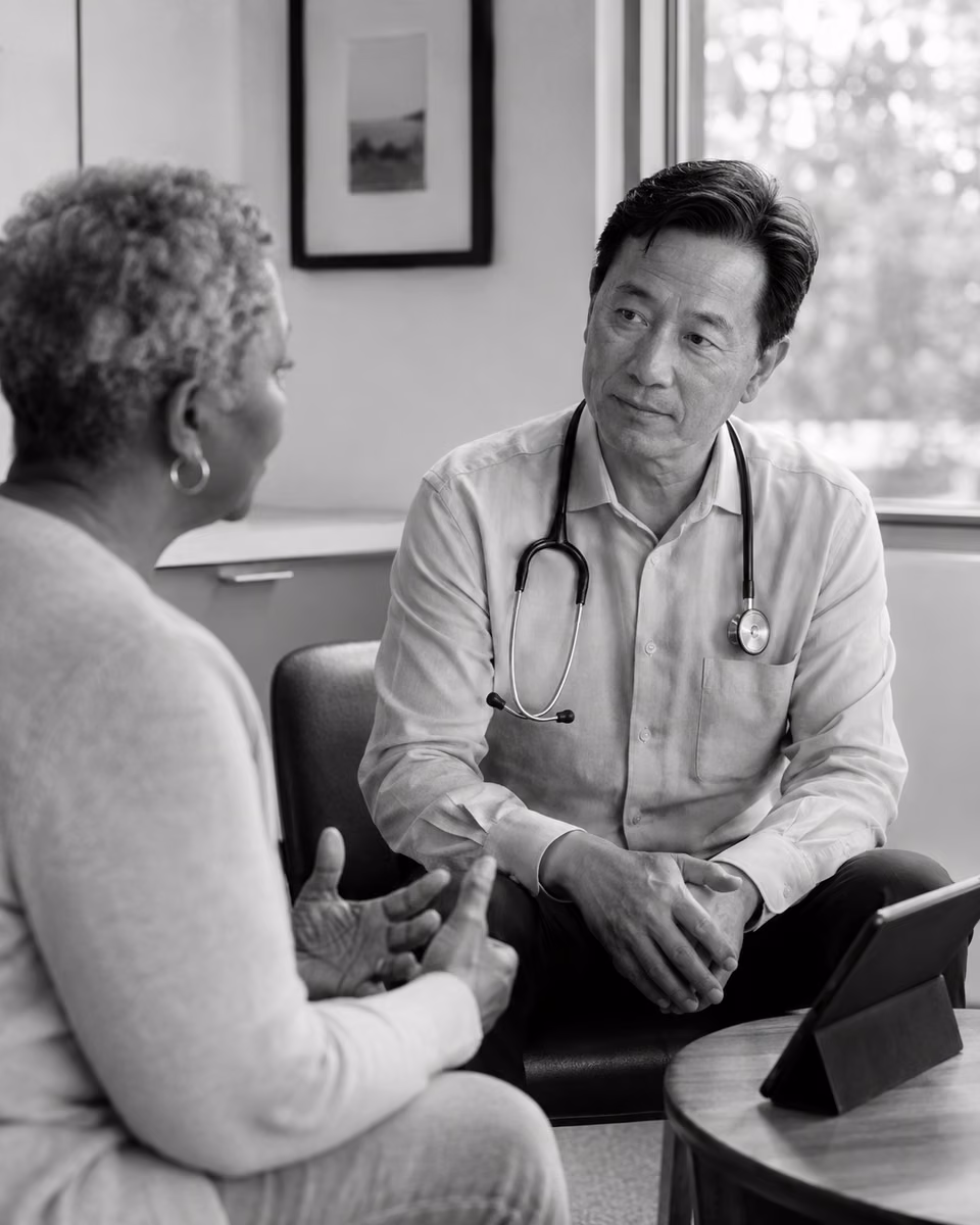 A doctor listening closely to a patient during a modern consultation