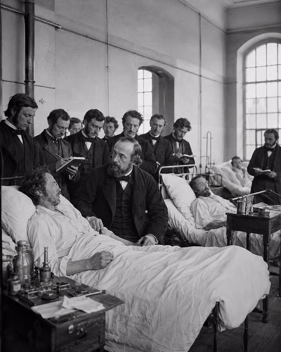 Rudolf Virchow teaching physicians beside patients in a 19th-century hospital ward